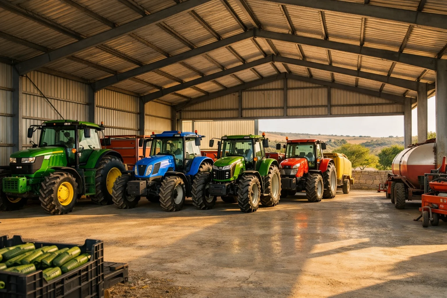 Trattori e attrezzature agricole ricoverati nel capannone aziendale