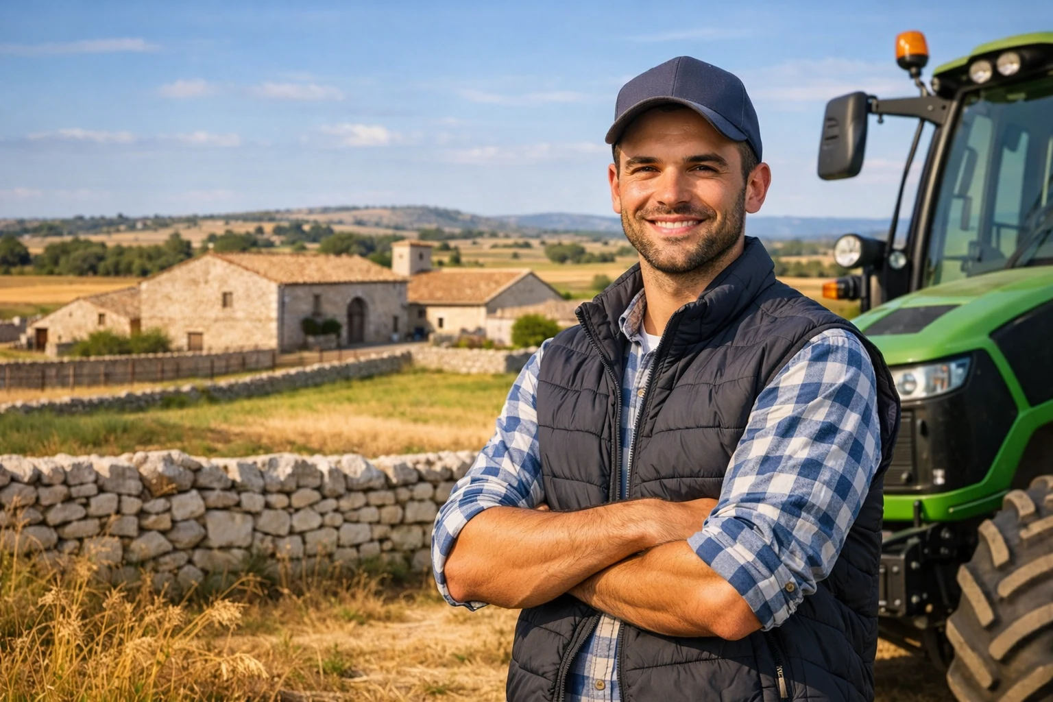Giovane agricoltore accanto al proprio trattore