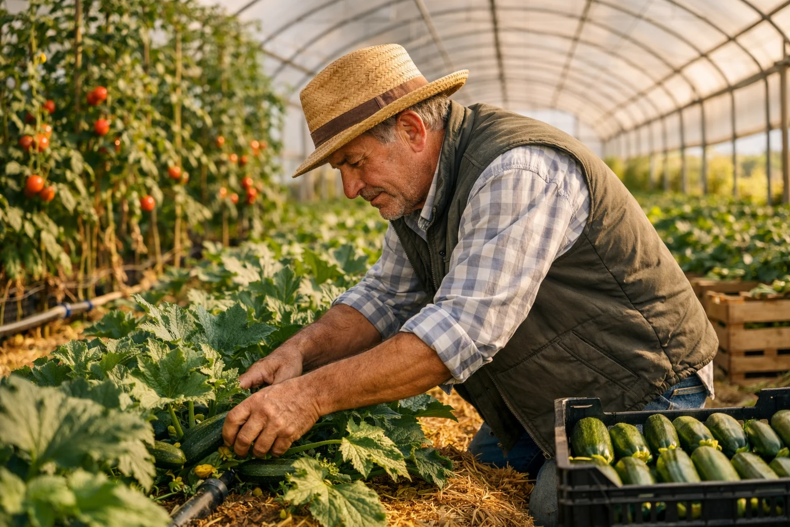Agricoltore raccoglie zucchine in serra