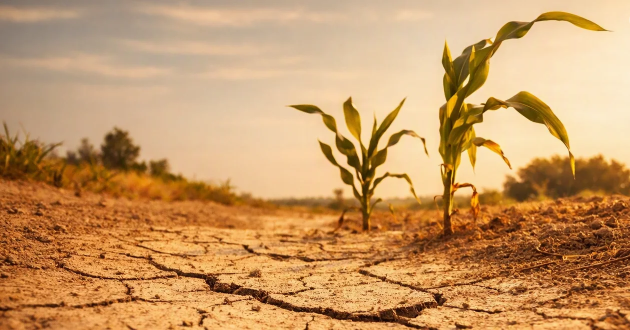 Piante di mais in un terreno agricolo colpito dalla siccità