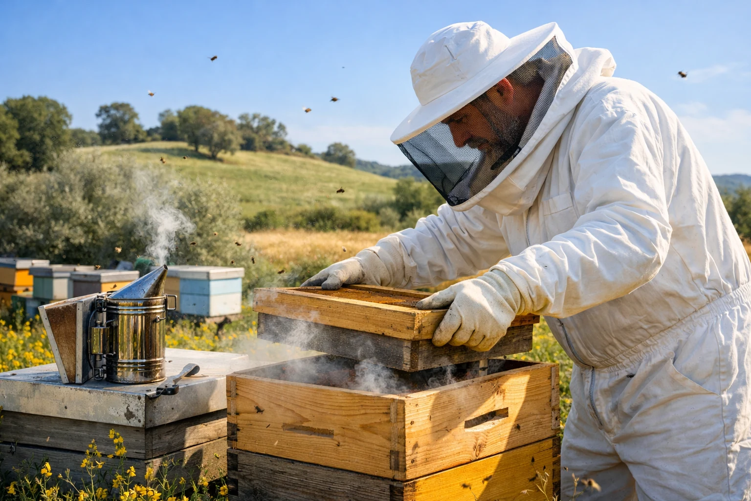 Apicoltore con affumicatore ispeziona un'arnia in un apiario tra i fiori